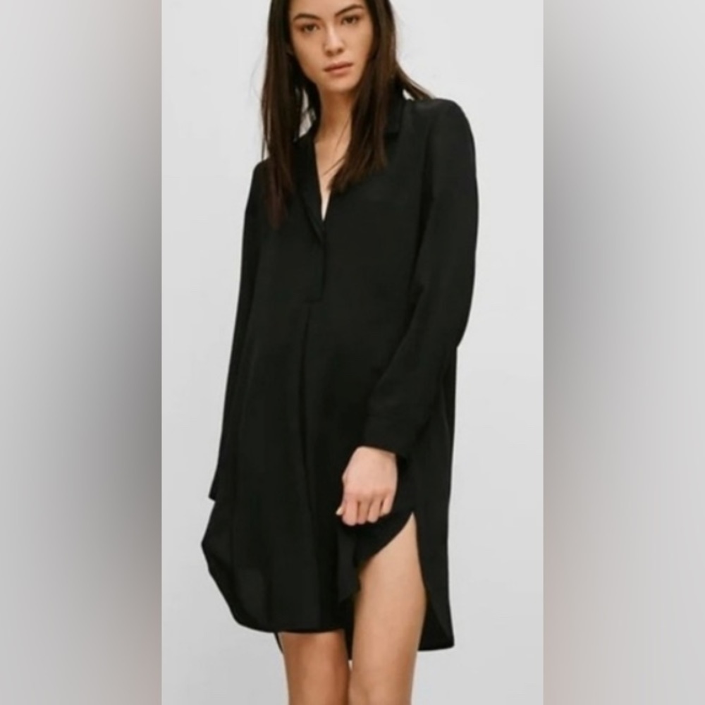 BABATON Sz XS Lee Tulip Hem Long Sleeve Collar Deep  V Long Line Oversized Dress
